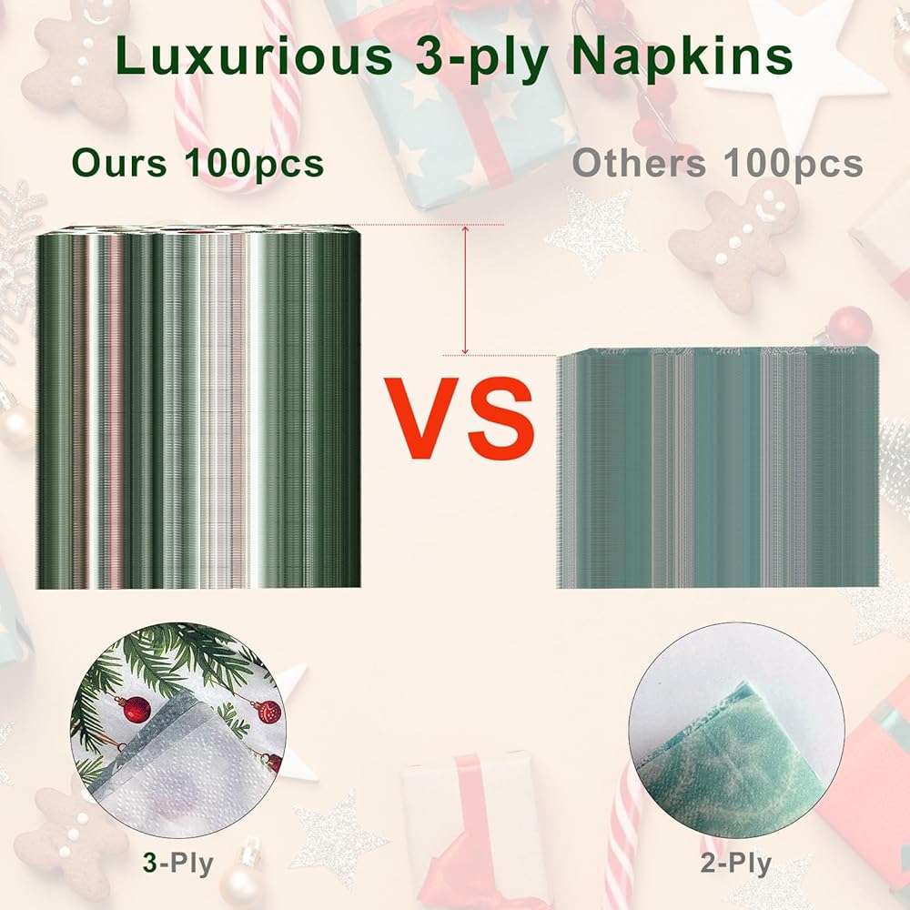 3-Ply Christmas Paper Napkins Disposable: Guest Dinner Hand Towels, Xmas Table Decorative for Bathroom Home Kitchen, Holiday Cocktail Party Decor, Red White Green (4.3x7.9 Inches, Count, 100) - Image 4