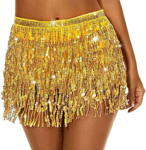 Sequin Skirt Boho Sequin Tassel Hip Scarf Sparkly Skirts Belly Dance Skirt Glitter Skirt Rave Sparkle Skirt for Women Girls - Image 1