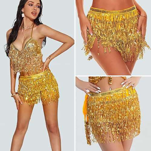 Sequin Skirt Boho Sequin Tassel Hip Scarf Sparkly Skirts Belly Dance Skirt Glitter Skirt Rave Sparkle Skirt for Women Girls - Image 2