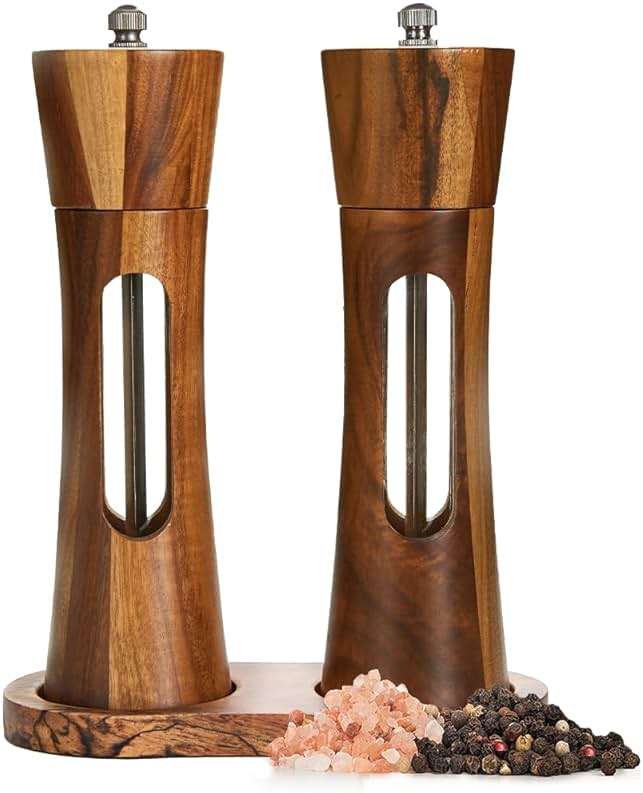 Wooden Salt and Pepper Grinder Set with Tray, 8 Inch Manual Salt & Pepper Shakers with Adjustable Coarseness, Salt and Pepper Mills - Image 1