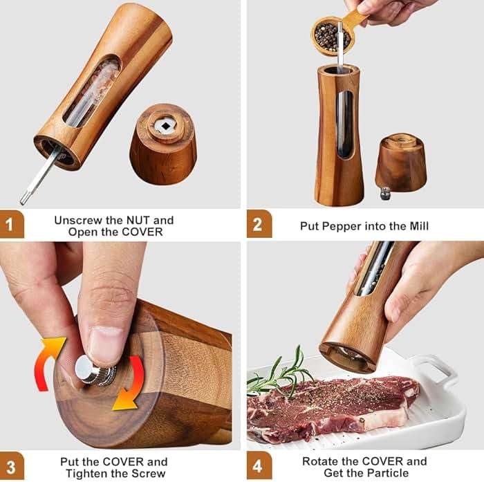 Wooden Salt and Pepper Grinder Set with Tray, 8 Inch Manual Salt & Pepper Shakers with Adjustable Coarseness, Salt and Pepper Mills - Image 3