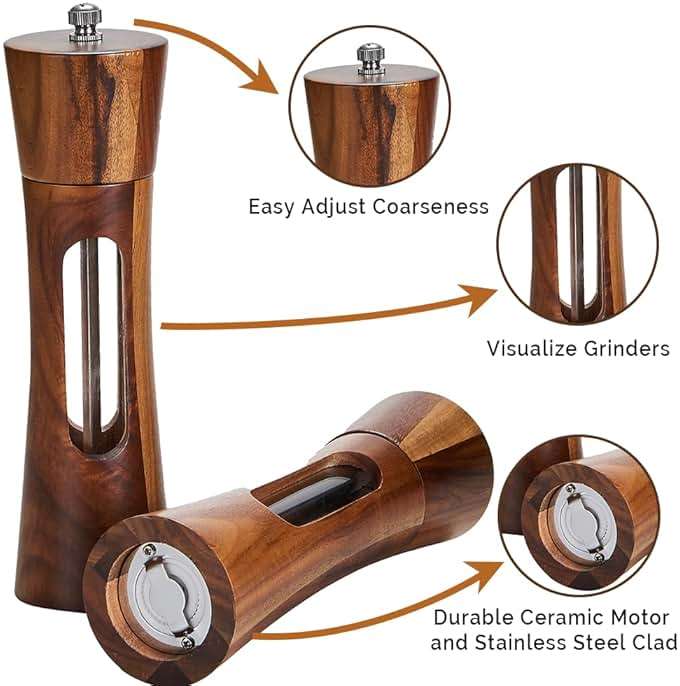 Wooden Salt and Pepper Grinder Set with Tray, 8 Inch Manual Salt & Pepper Shakers with Adjustable Coarseness, Salt and Pepper Mills - Image 4