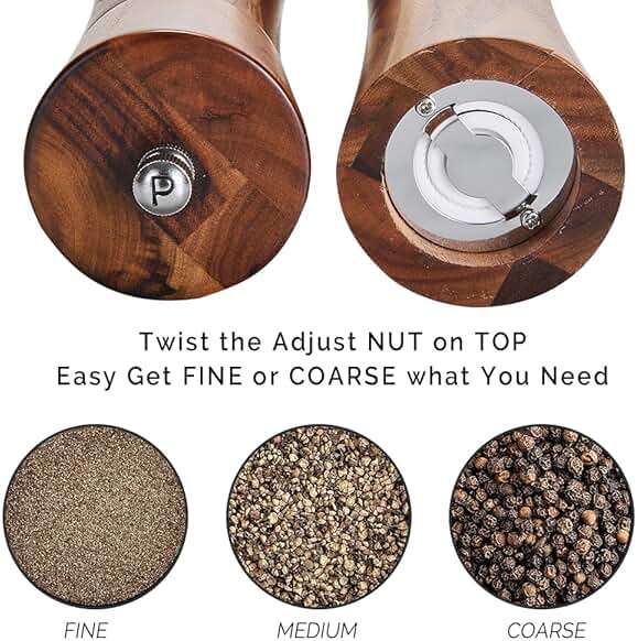 Wooden Salt and Pepper Grinder Set with Tray, 8 Inch Manual Salt & Pepper Shakers with Adjustable Coarseness, Salt and Pepper Mills - Image 5