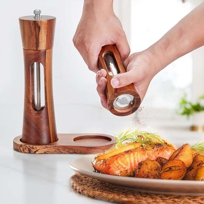 Wooden Salt and Pepper Grinder Set with Tray, 8 Inch Manual Salt & Pepper Shakers with Adjustable Coarseness, Salt and Pepper Mills - Image 6
