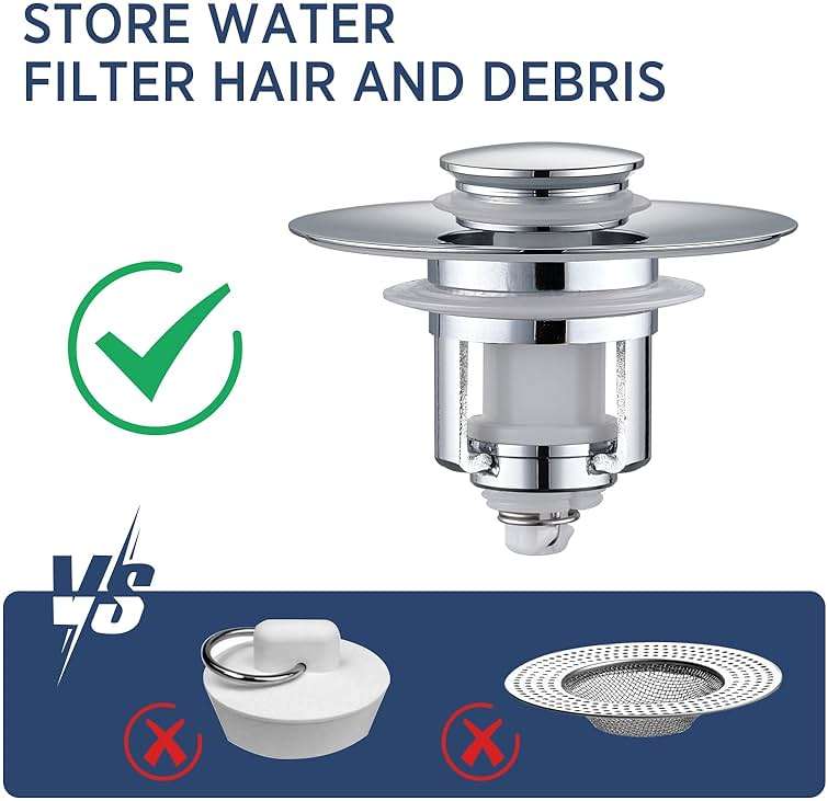 ADKADI Universal 2 in 1Bathroom Sink Stopper, 2 Pack Pop Up Bathroom Sink Drain Strainer for 1.06"-1.65" Basin Drain Holes, Anti Clogging Drain Filter(Chrome Silver) - Image 5