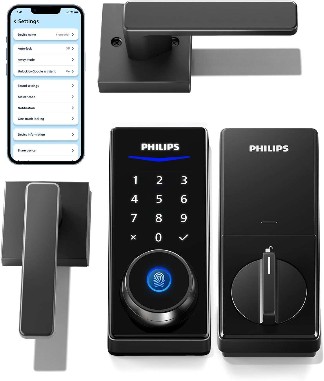Philips Smart Lock with Handles, Keyless Entry Door Lock Set, Keypad Door Lock with 2 Level Handles, Digital Keypad Deadbolt for Front Door, App Fingerprint PIN Code Unlocking, Auto Locking - Image 1