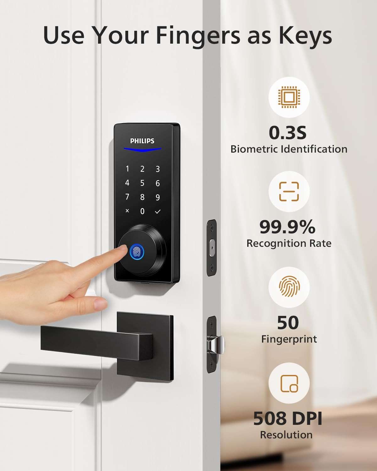 Philips Smart Lock with Handles, Keyless Entry Door Lock Set, Keypad Door Lock with 2 Level Handles, Digital Keypad Deadbolt for Front Door, App Fingerprint PIN Code Unlocking, Auto Locking - Image 3