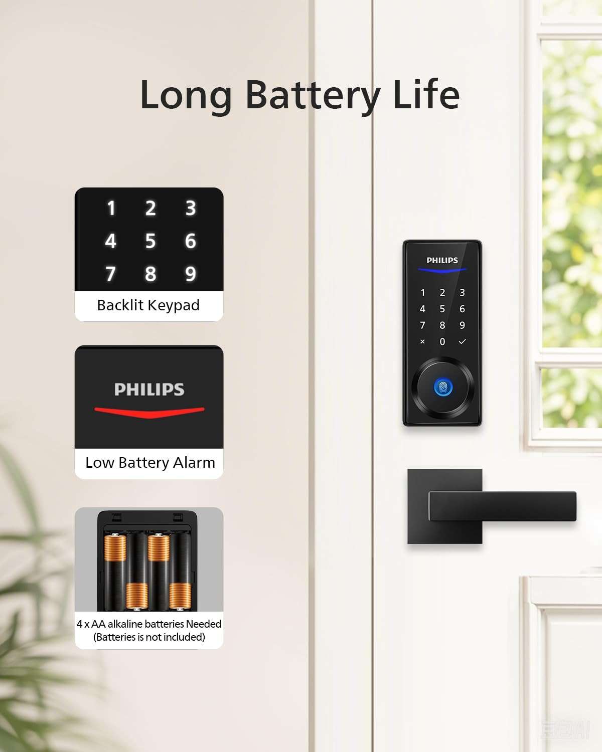 Philips Smart Lock with Handles, Keyless Entry Door Lock Set, Keypad Door Lock with 2 Level Handles, Digital Keypad Deadbolt for Front Door, App Fingerprint PIN Code Unlocking, Auto Locking - Image 7