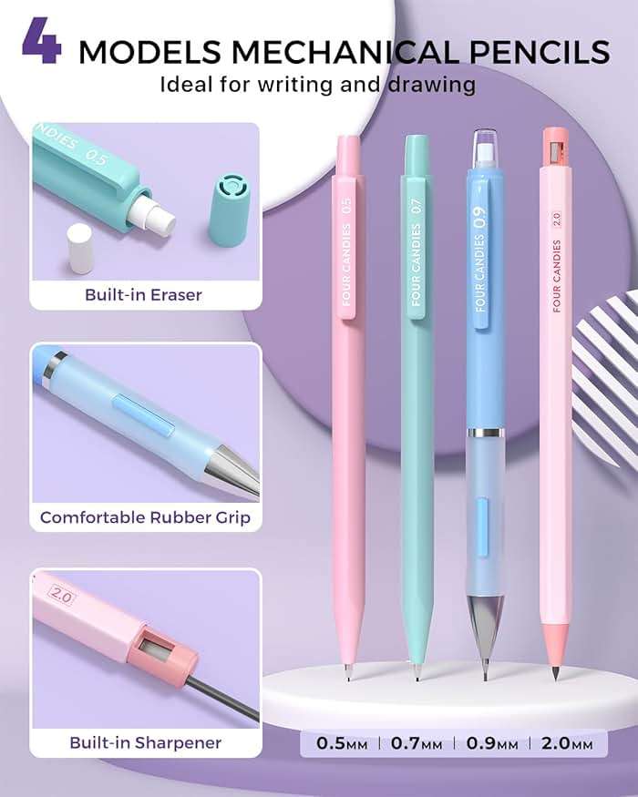 Four Candies 36PCS Aesthetic School Supplies, Mechanical Pencils 0.5mm, 0.7mm, 0.9mm & 2.0mm with 624PCS Lead Refills, Cute Mechanical Pencils for Writing, Drawing & Drafting (Pink) - Image 2