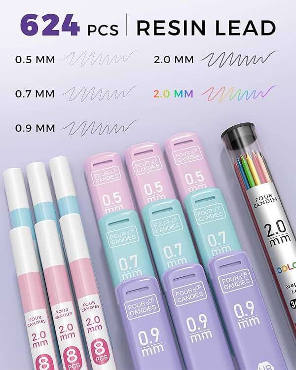 Four Candies 36PCS Aesthetic School Supplies, Mechanical Pencils 0.5mm, 0.7mm, 0.9mm & 2.0mm with 624PCS Lead Refills, Cute Mechanical Pencils for Writing, Drawing & Drafting (Pink) - Image 3