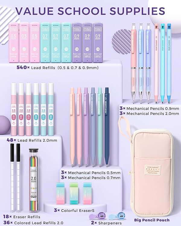 Four Candies 36PCS Aesthetic School Supplies, Mechanical Pencils 0.5mm, 0.7mm, 0.9mm & 2.0mm with 624PCS Lead Refills, Cute Mechanical Pencils for Writing, Drawing & Drafting (Pink) - Image 5