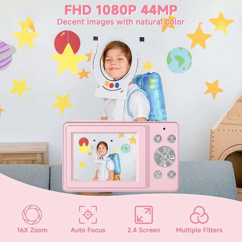 Digital Camera, 44MP Compact Camera, FHD 1080P Point and Shoot Digital Cameras with 16X Zoom, Face Detect, Smile Capture, Anti Shake, for Boys Girls Teens Gifts (Pink) - Image 2
