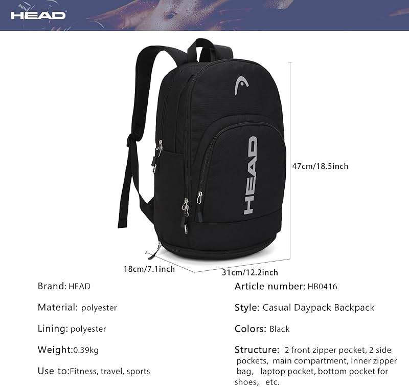HEAD Waterproof Travel Backpack for Men, Lightweight 15.6 Inch Laptop Backpack with Shoes Compartment, Casual Daypack College Backpacks with 8 Pockets for Overnight/Sports Gym/Work/Fitness - Image 5