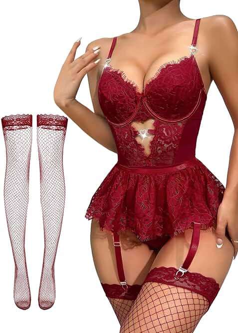 Lilosy Sexy Stocking Rhinestones Heart Garter Underwire Floral Mesh lace Sheer Babydoll Lingerie Teddy Bodysuit Skirt Set - Image 1