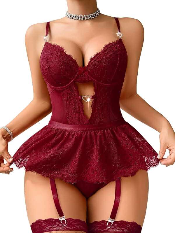 Lilosy Sexy Stocking Rhinestones Heart Garter Underwire Floral Mesh lace Sheer Babydoll Lingerie Teddy Bodysuit Skirt Set - Image 3