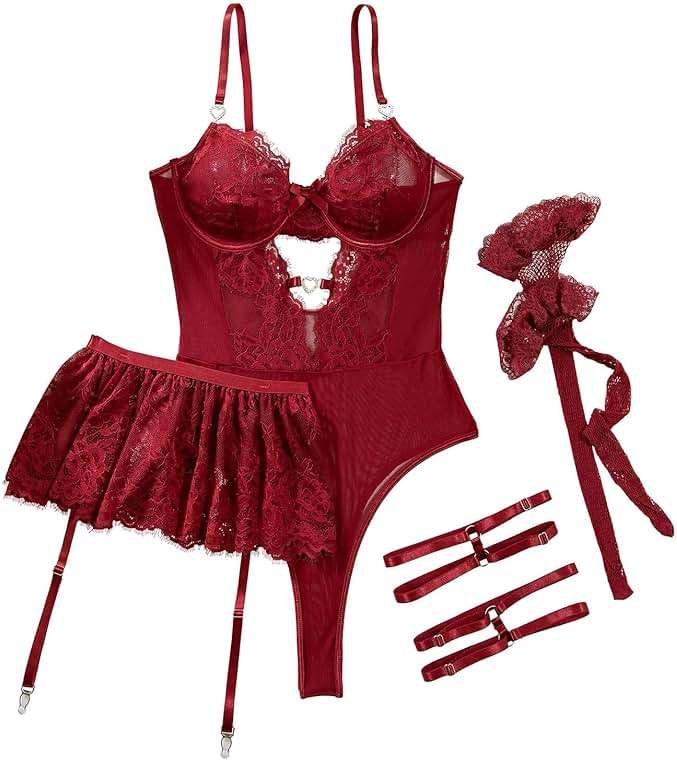 Lilosy Sexy Stocking Rhinestones Heart Garter Underwire Floral Mesh lace Sheer Babydoll Lingerie Teddy Bodysuit Skirt Set - Image 4