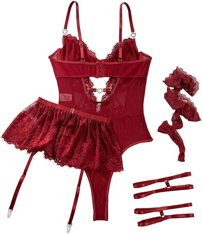 Lilosy Sexy Stocking Rhinestones Heart Garter Underwire Floral Mesh lace Sheer Babydoll Lingerie Teddy Bodysuit Skirt Set - Image 5