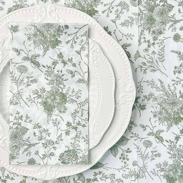 WRAPAHOLIC 25Pcs Green Floral Guest Napkins - Guest Disposable Hand Towels for Bathroom, Bridal and Baby Shower, Tea Party, Garden Party, Birthday Party - 4.3 x 7.9 In - Image 4