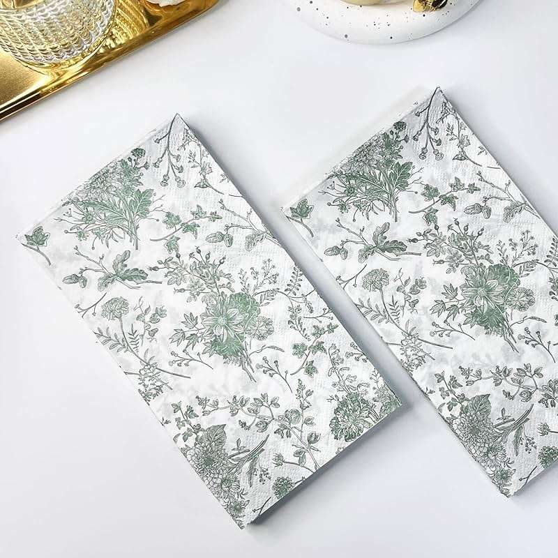 WRAPAHOLIC 25Pcs Green Floral Guest Napkins - Guest Disposable Hand Towels for Bathroom, Bridal and Baby Shower, Tea Party, Garden Party, Birthday Party - 4.3 x 7.9 In - Image 6