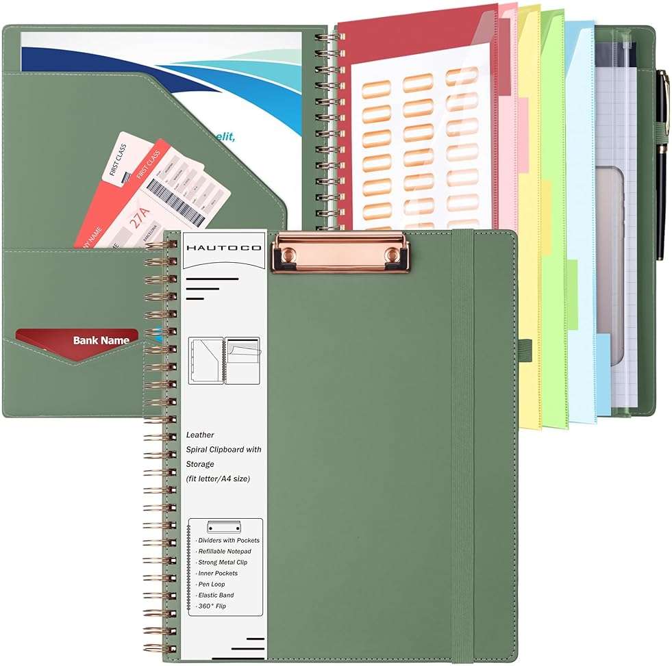 HAUTOCO Spiral Leather Clipboard Folio with Notepad (8.5 x 11''), 5 Folders with 10 Pockets, Storage Zipper Pouch, Pen Loop, 39 Stickers, Padfolio Organizer for Work School, Olive Green - Image 1