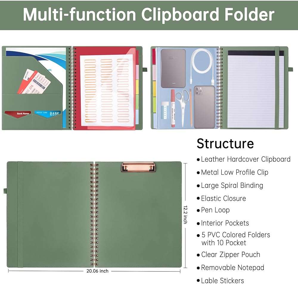 HAUTOCO Spiral Leather Clipboard Folio with Notepad (8.5 x 11''), 5 Folders with 10 Pockets, Storage Zipper Pouch, Pen Loop, 39 Stickers, Padfolio Organizer for Work School, Olive Green - Image 4