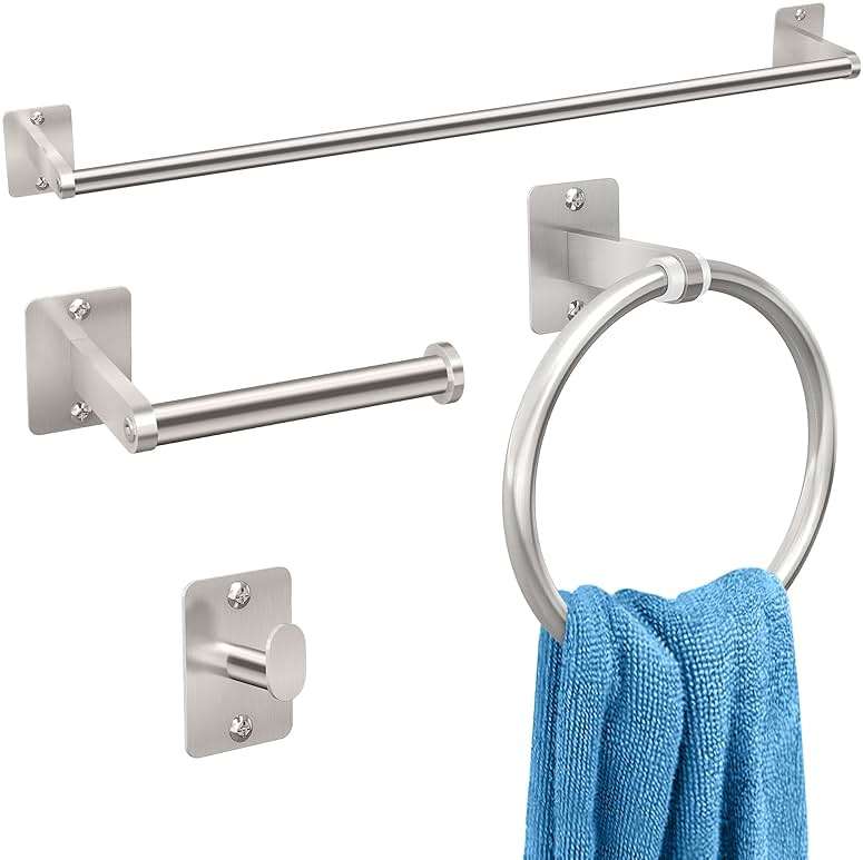Brushed Nickel Bathroom Accessories Set, KLJKPA 4 Pieces Bathroom Hardware Set, 24 inch Towel Bar, Towel Racks for Bathroom, Robe Towel Hooks, Toilet Paper Holder Wall Mounted - Image 1