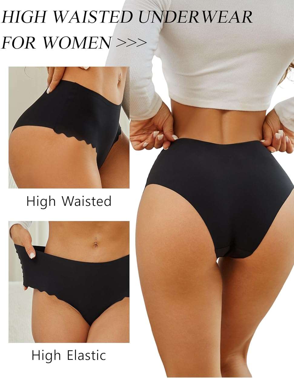 Sth Big High Waisted Seamless Underwear for Women No Show Panties Cheeky Scalloped Edge Bikini Breathable Briefs 6 Pack - Image 4