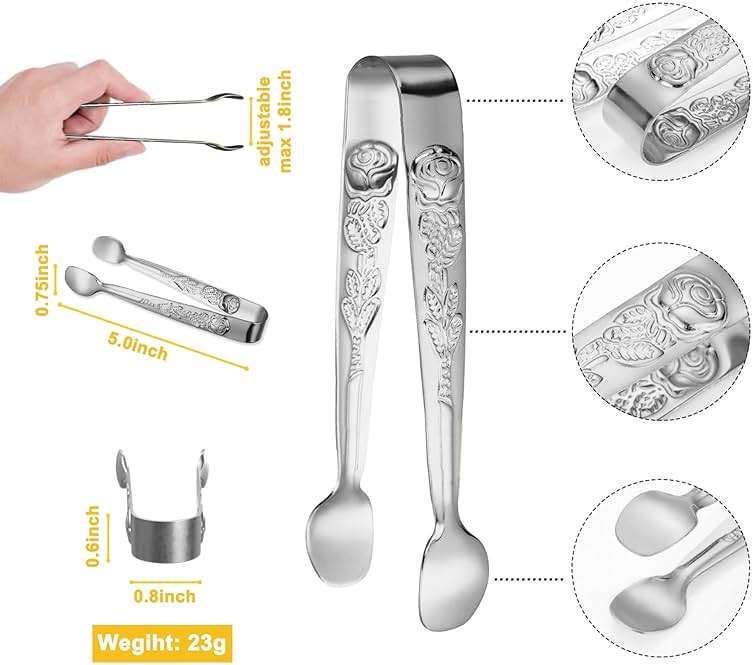 HINMAY 6PCS Mini Serving Tongs 5-Inch Small Sugar Tongs (Silver) | Tiny Stainless Steel Kitchen Tong for Appetizers, Tea Party, Coffee Bar, Desserts - Image 3