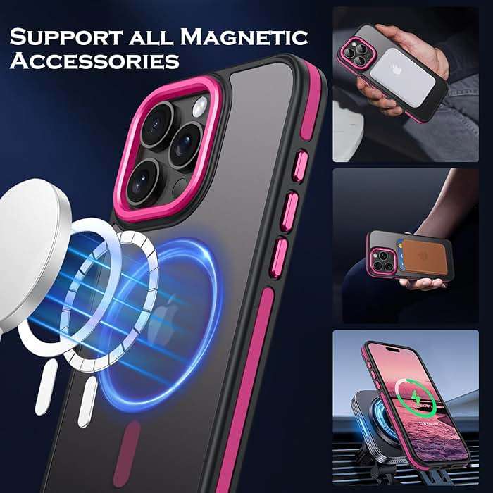 YINLAI Case for iPhone 16 Pro Max, Magnetic Case [Compatible with Magsafe] Supports Wireless Charging Slim Translucent Matte Women Men Shockproof Protective Back Phone Cover 6.9 Inch,Black/Hot Pink - Image 3