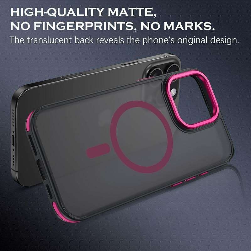 YINLAI Case for iPhone 16 Pro Max, Magnetic Case [Compatible with Magsafe] Supports Wireless Charging Slim Translucent Matte Women Men Shockproof Protective Back Phone Cover 6.9 Inch,Black/Hot Pink - Image 4