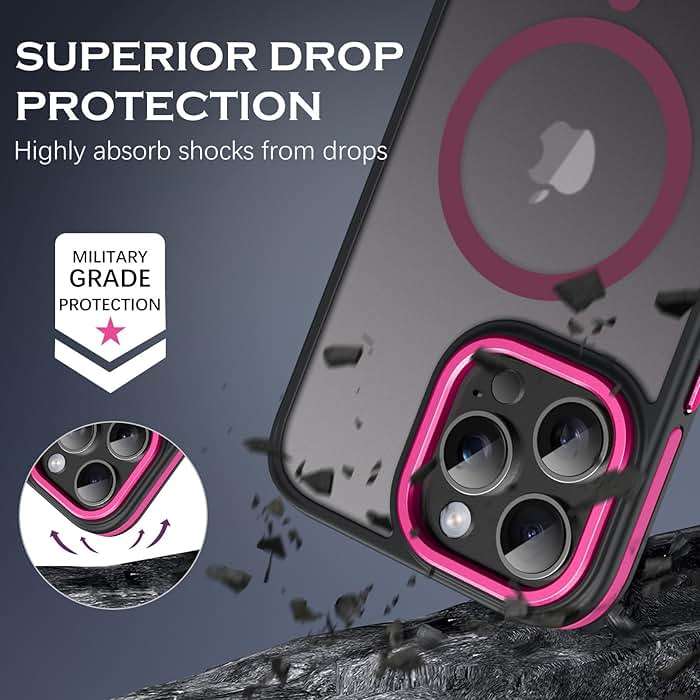 YINLAI Case for iPhone 16 Pro Max, Magnetic Case [Compatible with Magsafe] Supports Wireless Charging Slim Translucent Matte Women Men Shockproof Protective Back Phone Cover 6.9 Inch,Black/Hot Pink - Image 5