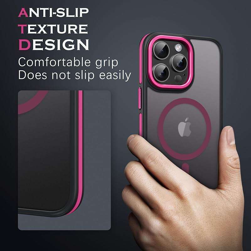 YINLAI Case for iPhone 16 Pro Max, Magnetic Case [Compatible with Magsafe] Supports Wireless Charging Slim Translucent Matte Women Men Shockproof Protective Back Phone Cover 6.9 Inch,Black/Hot Pink - Image 8