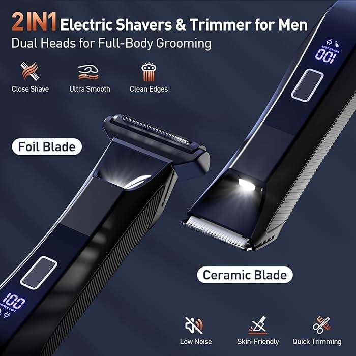 VIKICON 2-in-1 Manscape Trimmer & Shavers for Men: No-Nick Full Body Electric Razor for Pubic, Balls, Back Hair w/Dual-Head Trimmer & Foil Blades - Waterproof Groomer Kit w/Light, Travel Lock & Pouch - Image 2