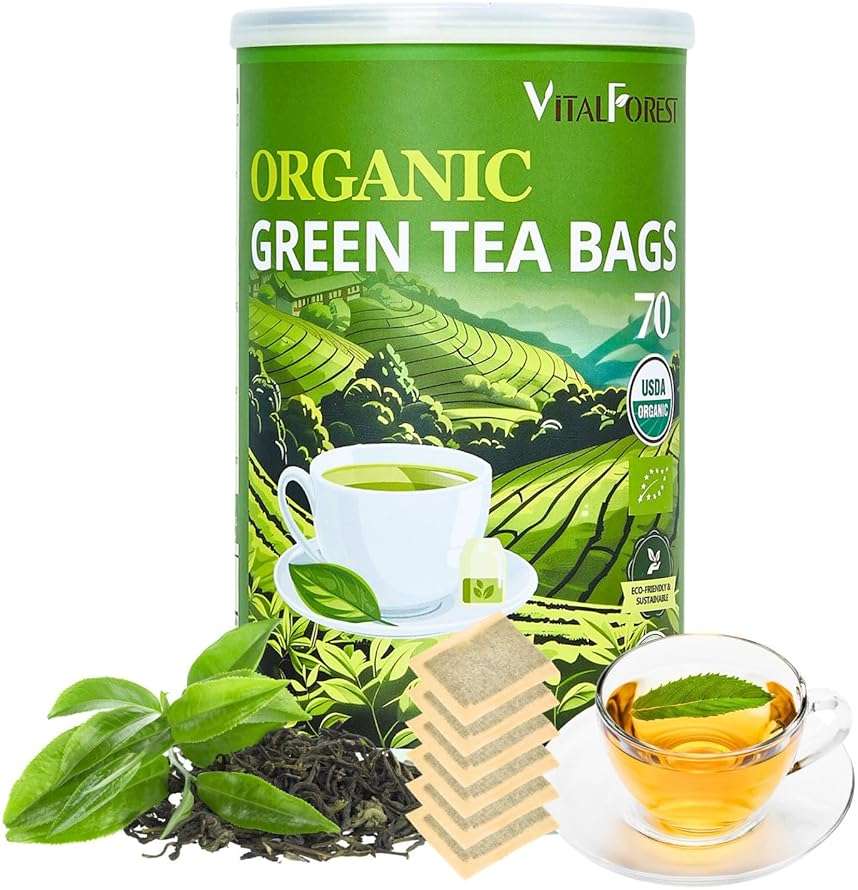 Organic Green Tea Bags| 70 Count VitalForest Unbleached ECO-Conscious Chinese Green Tea Packets| Te Verde Organico Natural Premium Real China Herbal Tea - Image 1