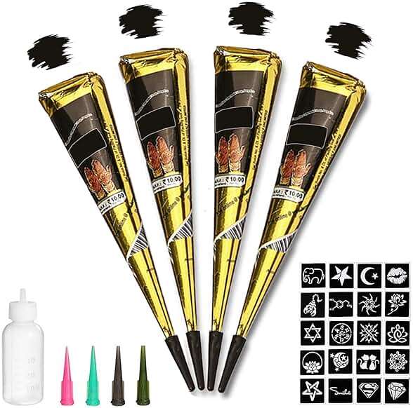 Tizoerly Black Tattoo Cones, 4Pcs Black Temporary Tattoo Kit, 100% Natural Ready to Use Tattoo Paste, India Body DIY Art Painting for Women Men Teens with 20 Adhesive Stencils, 1 Bottle, 4Nozzles - Image 1