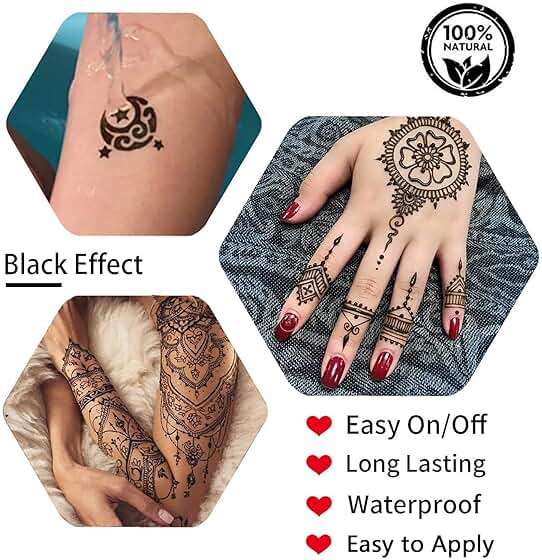 Tizoerly Black Tattoo Cones, 4Pcs Black Temporary Tattoo Kit, 100% Natural Ready to Use Tattoo Paste, India Body DIY Art Painting for Women Men Teens with 20 Adhesive Stencils, 1 Bottle, 4Nozzles - Image 3