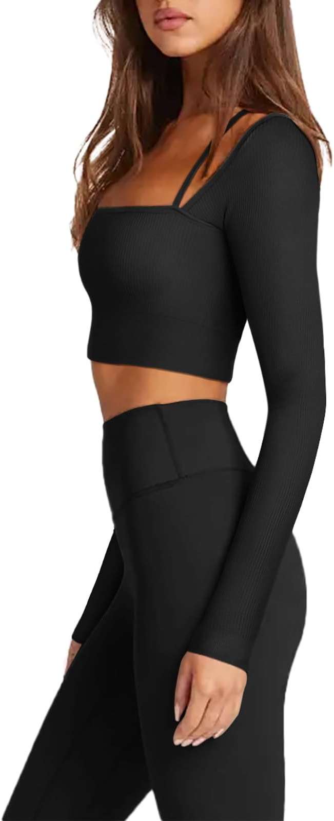 LASLULU Womens Sexy Square Neck Crop Top Ribbed Seamless Long Sleeve Workout Tops Halter Neck Athletic Yoga - Image 2