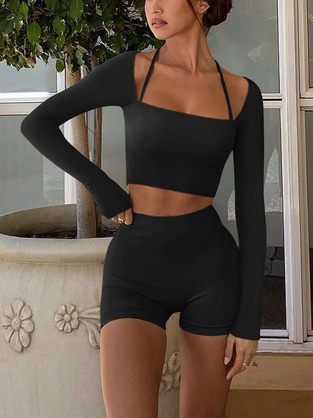 LASLULU Womens Sexy Square Neck Crop Top Ribbed Seamless Long Sleeve Workout Tops Halter Neck Athletic Yoga - Image 3