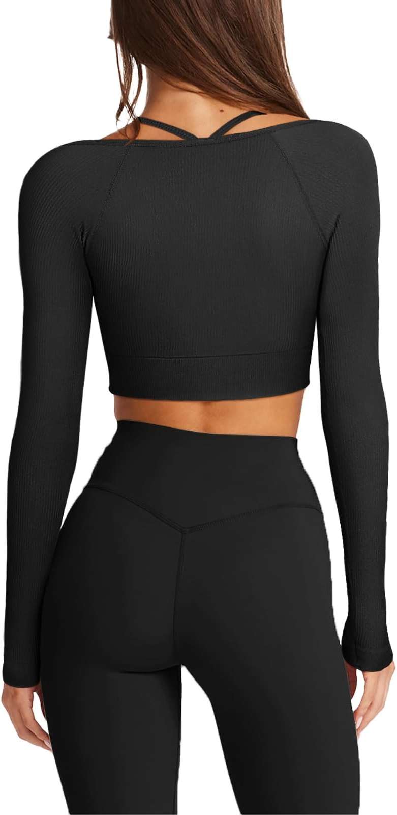 LASLULU Womens Sexy Square Neck Crop Top Ribbed Seamless Long Sleeve Workout Tops Halter Neck Athletic Yoga - Image 4