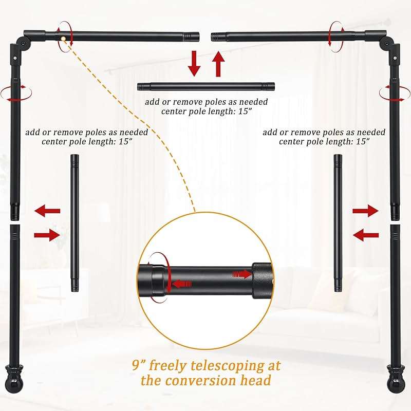 Bay Window Curtain Rods, U shaped Adjustable Curved Curtain Rods for Windows 59 to 184 Inches, Black 1 inch Renter Friendly Heavy Duty Curtain Rods with Brackets for Bedroom, Living Room Curtains - Image 5