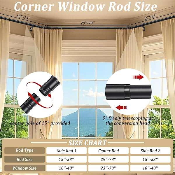 Bay Window Curtain Rods, U shaped Adjustable Curved Curtain Rods for Windows 59 to 184 Inches, Black 1 inch Renter Friendly Heavy Duty Curtain Rods with Brackets for Bedroom, Living Room Curtains - Image 6