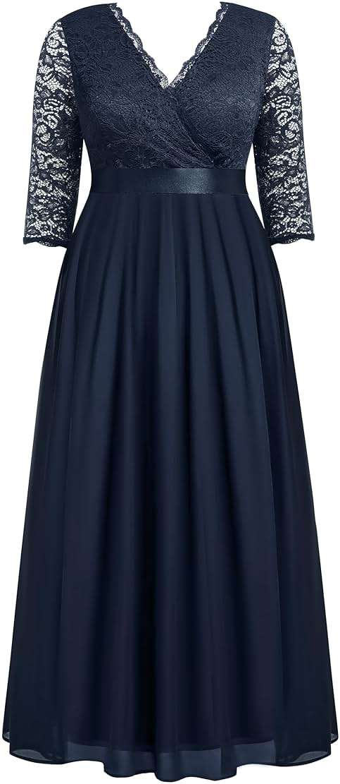 Pinup Fashion Wedding Dresses for Bride Plus Size - Formal Evening Gown Wrap Neck Lace Chiffon Long Dress - Image 2