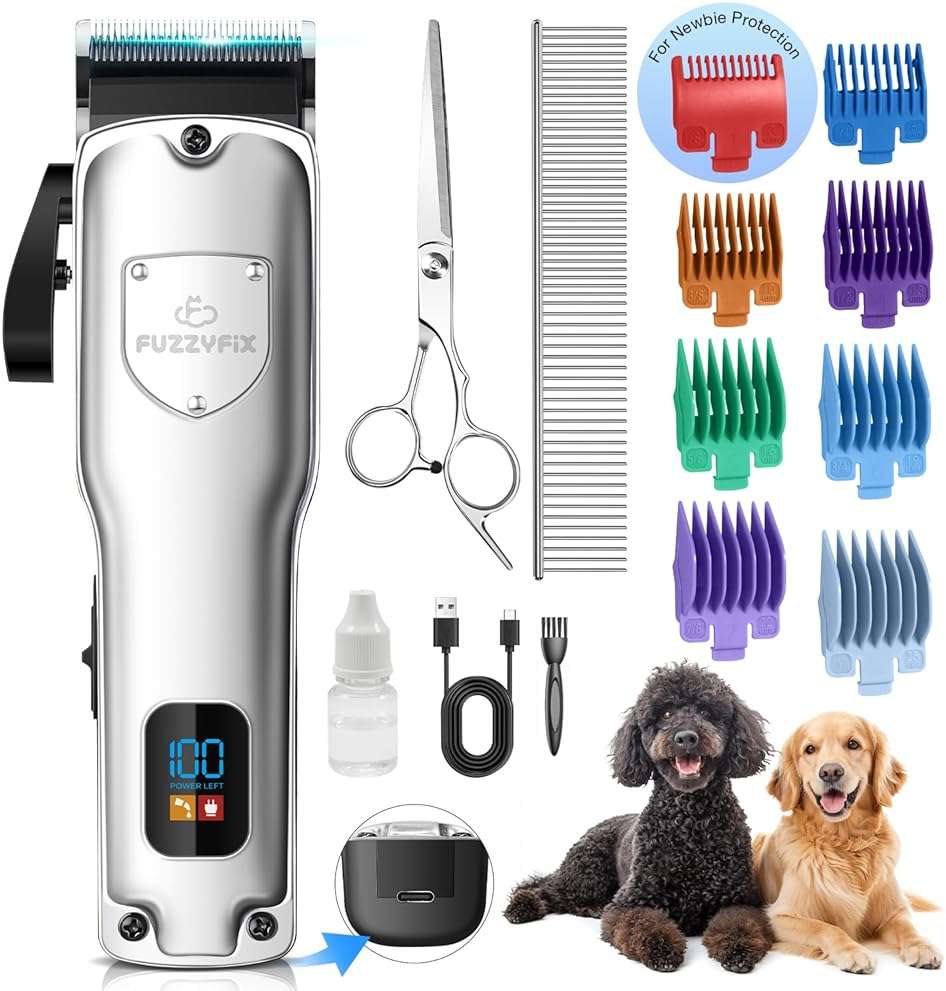 FuzzyFix Dog Clippers for Grooming for Thick Heavy Coats, Professional Low Noise Cordless Dog Grooming Clippers Supplies Kit Rechargeable Pet Hair Trimmer with Stainless Steel Blade for Dogs Cats Pet - Image 1
