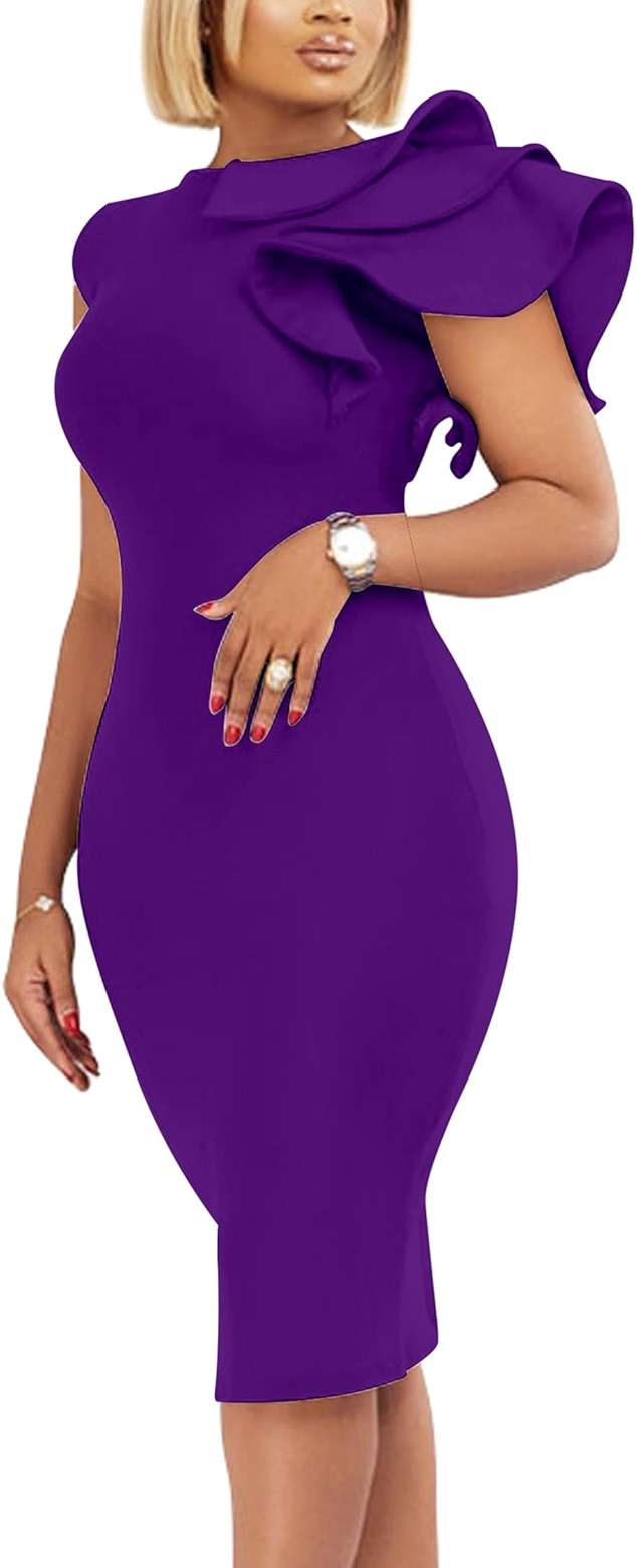 VASAUGE Women's Elegant Formal Bodycon Ruffle Sleeveless Midi Cocktail Party Dress - Image 2