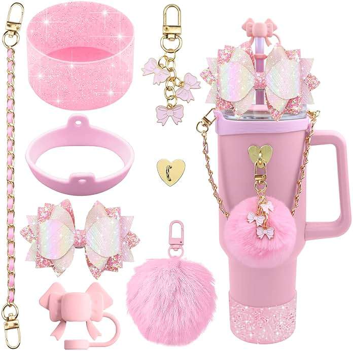 SEMATA Bling Accessories for Stanley Cup 40oz & 30oz Tumbler including Silicone Cute Bow Straw Topper Cover, Silicone Boot for Stanley Cup,Leather Water Bottle Handle Strap, Charms(Pink) - Image 1