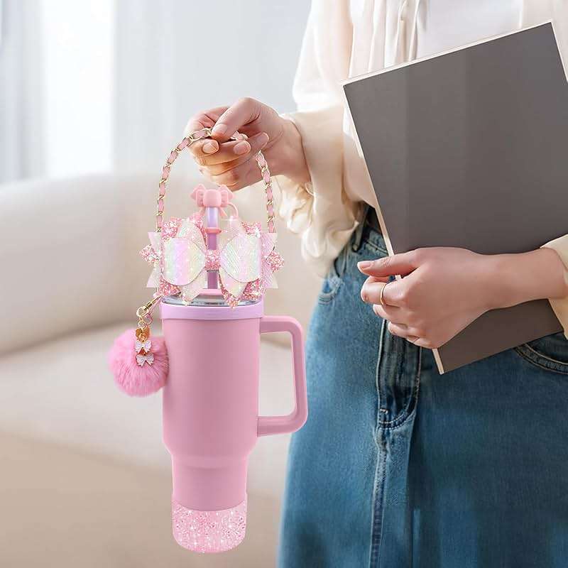SEMATA Bling Accessories for Stanley Cup 40oz & 30oz Tumbler including Silicone Cute Bow Straw Topper Cover, Silicone Boot for Stanley Cup,Leather Water Bottle Handle Strap, Charms(Pink) - Image 2