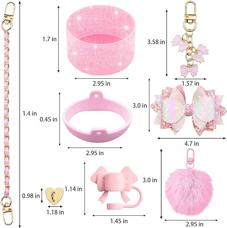 SEMATA Bling Accessories for Stanley Cup 40oz & 30oz Tumbler including Silicone Cute Bow Straw Topper Cover, Silicone Boot for Stanley Cup,Leather Water Bottle Handle Strap, Charms(Pink) - Image 3