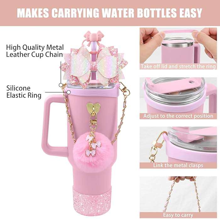 SEMATA Bling Accessories for Stanley Cup 40oz & 30oz Tumbler including Silicone Cute Bow Straw Topper Cover, Silicone Boot for Stanley Cup,Leather Water Bottle Handle Strap, Charms(Pink) - Image 4