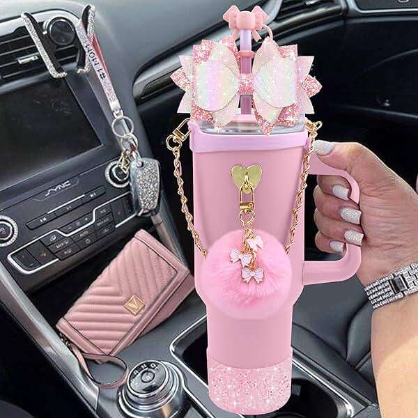 SEMATA Bling Accessories for Stanley Cup 40oz & 30oz Tumbler including Silicone Cute Bow Straw Topper Cover, Silicone Boot for Stanley Cup,Leather Water Bottle Handle Strap, Charms(Pink) - Image 5