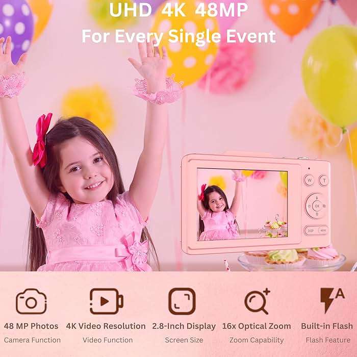 4K Digital Camera - 48MP Photos 32GB SD Card & Lanyard Included - Travel-Friendly, Digital Point and Shoot Camera, Kid-Sized, Small Camera Gift for Kids, Girls, Students & Teens - Image 2